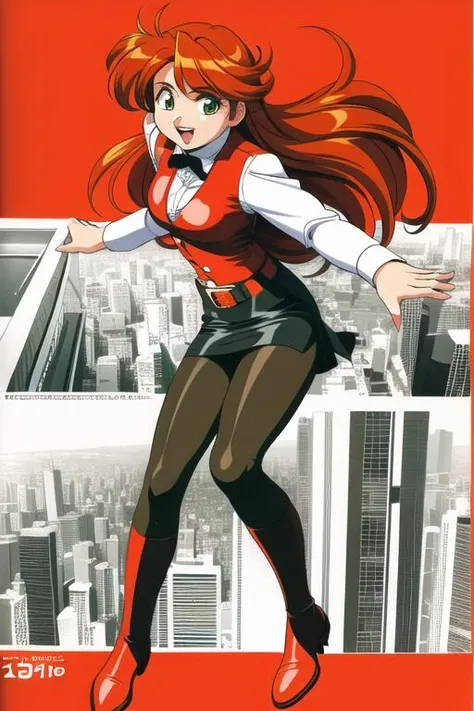 masterpiece, best quality, (1girl, solo),
suchiepai, 1girl, solo, skirt, pantyhose, long hair, green eyes, pencil skirt, orange hair, belt,  long sleeves, watch, full body, hand on hip, miniskirt, retro artstyle, vest, open mouth, red hair, kneeling, shoes, red footwear, wristwatch, smile
<lora:Suchiepai:0.65>
((( city, cowboy shot, dynamic pose, skirt lift,  jumping)))