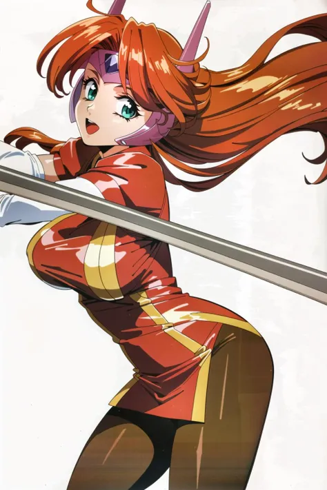 (masterpiece:1.5), best quality, (1girl, solo),
suchiepai, 1girl, solo, pantyhose, green eyes, gloves, long hair, elbow gloves, shiny, white gloves, headgear, brown pantyhose, short sleeves, orange hair, breasts, shiny clothes, holding, weapon, shiny hair, bangs, retro artstyle, looking at viewer, short dress, large breasts, 1990s (style), red hair, sword <lora:Suchiepai:0.65> ((( cowboy shot, dynamic pose)))
<lora:GoodHands-beta2:0.8>