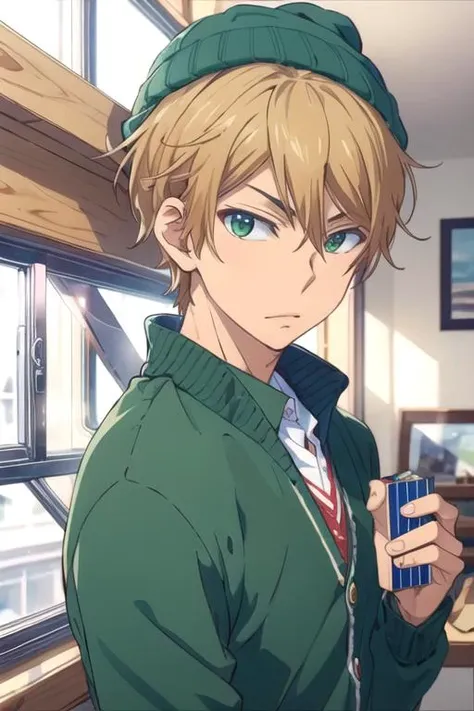 masterpiece, best quality, , 1boy, solo, male focus, looking at viewer, , depth of field, , realistic, <lora:nozomu_nanashima:0.74>, nozomu_nanashima, blonde hair, green eyes, cardigan, beanie, observatory, Blu-ray