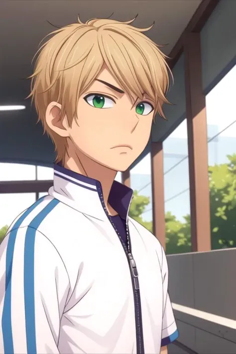 masterpiece, best quality, movie still, 1boy, solo, male focus, looking at viewer, , , , , <lora:nozomu_nanashima:0.74>, nozomu_nanashima, blonde hair, green eyes, windcheater, , sci-fi,