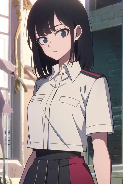 lingqiao, <lora:lingqiaotest:1>,
ling qiao, bangs, black hair, medium hair, (black eyes:1.5),
BREAK skirt, shirt, white shirt, short sleeves, collared shirt, black footwear, red skirt, sandals, pocket, long skirt, shirt tucked in, breast pocket,
BREAK looking at viewer,
BREAK outdoors, city,
BREAK <lora:GoodHands-vanilla:1>, (masterpiece:1.2), best quality, high resolution, unity 8k wallpaper, (illustration:0.8), (beautiful detailed eyes:1.6), extremely detailed face, perfect lighting, extremely detailed CG, (perfect hands, perfect anatomy),
