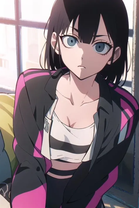 lingqiao, <lora:lingqiaotest:1>, 
ling qiao, bangs, black hair, medium hair, (black eyes:1.5),
BREAK jacket, midriff, pants, black pants, pink jacket, sports bra,
BREAK looking at viewer,
BREAK outdoors, city,
BREAK <lora:GoodHands-vanilla:1>, (masterpiece:1.2), best quality, high resolution, unity 8k wallpaper, (illustration:0.8), (beautiful detailed eyes:1.6), extremely detailed face, perfect lighting, extremely detailed CG, (perfect hands, perfect anatomy),