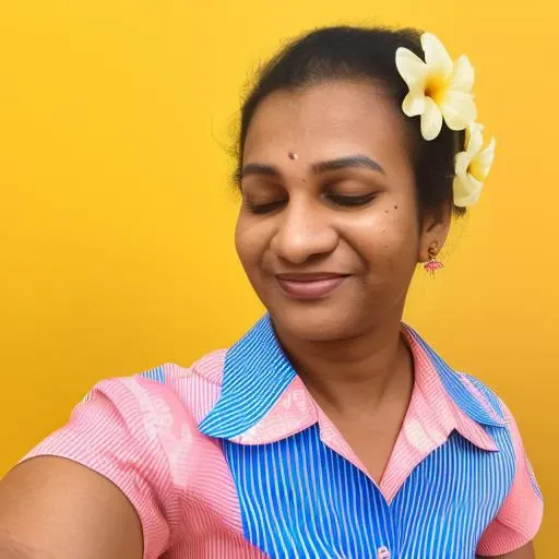 looking at viewer, short sleeves, sleeveless, selfie, portrait, grin, striped, hawaiian shirt, closed eyes, collared shirt, lips, earrings, yellow background, pink dress, hair flower, male focus, 1boy, profile, dark-skinned female, nature, ponytail, smile, freckles, blue dress, fine art parody