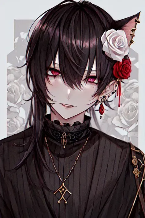 1boy, bangs, black flower, black rose, ear piercing, earrings, floral print, flower, hair between eyes, hair flower, hair ornament, jewelry, long hair, looking at viewer, male focus, mole, mole under eye, piercing, pink rose, purple rose, red eyes, red flower, red rose, rose, single earring, solo, spot color, thorns, white flower, white rose, <lora:Anime_Male_Portraits:1>