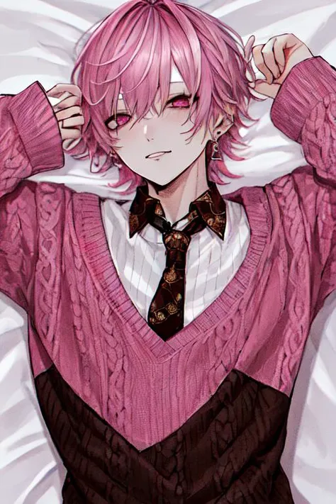 pink theme, solo, 1boy, male focus, chocolate, from above, lying, on back, sweater, long sleeves, sleeves past wrists, pink hair, pink eyes, tie, loose clothes,
 <lora:Anime_Male_Portraits:1>