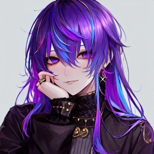 1boy, bangs, eyebrows visible through hair, face, grey background, hair between eyes, hand on own cheek, hand on own face, long hair, looking at viewer, multicolored hair, purple hair, simple background, solo, sparkle,
<lora:Anime_Male_Portraits:1>