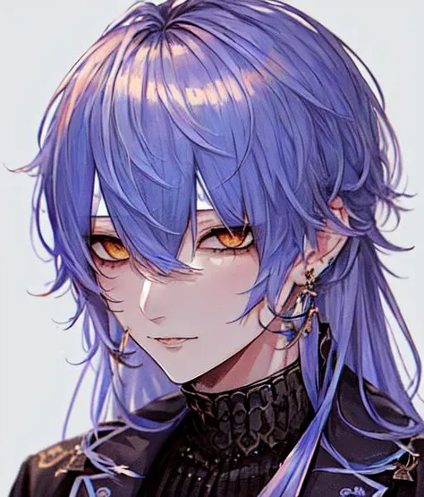 1boy, solo, male focus, long hair, slicked back hair, light blue hair, orange eyes, upper body, <lora:Anime_Male_Portraits:1>