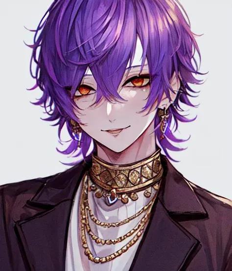 1boy, bangs, purple hair, orange eyes, earrings, eyebrows visible through hair, gloves, jewelry, looking at viewer, male focus, necklace, simple background, smile, solo, upper body, white gloves, hair between eyes,
 <lora:Anime_Male_Portraits:1>