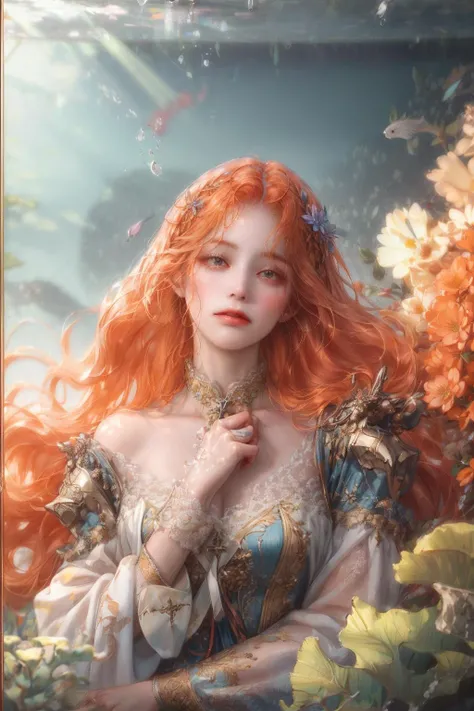 (absurdres, highres, ultra detailed), 1girl, solo, mature, (long orange hair), fanasy, long sleeve, elegant, holy, colorful, highest detailed, underwater, floating hair, flower, closed mouth <lora:LORA-Victorian Style:1> <lora:add_detail:1>