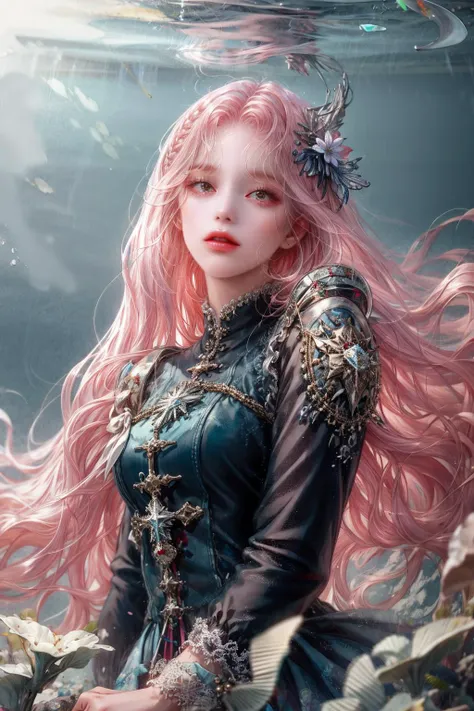 (absurdres, highres, ultra detailed), 1girl, solo, mature, (long pink hair), fanasy, long sleeve, elegant, holy, colorful, highest detailed, underwater, floating hair, flower, closed mouth <lora:LORA-Victorian Style:1> <lora:add_detail:1>