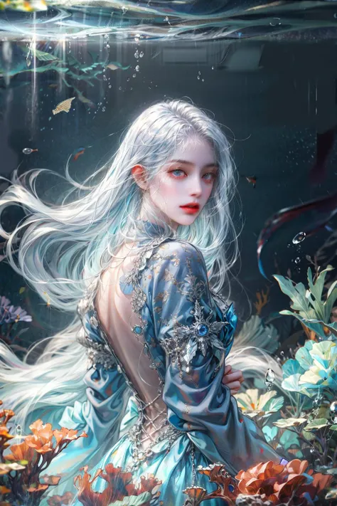 (absurdres, highres, ultra detailed), 1girl, solo, mature, (long white hair), fanasy, long sleeve, elegant, holy, colorful, highest detailed, underwater, floating hair, flower, looking back, upper body <lora:LORA-Victorian Style:1> <lora:add_detail:1>