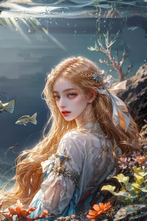 (absurdres, highres, ultra detailed), 1girl, solo, mature, (long blonde hair), fanasy, long sleeve, elegant, holy, colorful, highest detailed, underwater, floating hair, flower, looking back, upper body <lora:LORA-Victorian Style:1> <lora:add_detail:1>