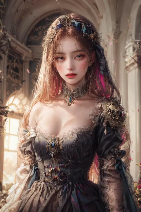 (absurdres, highres, ultra detailed), 1girl, solo, mature, Baroque, long dress, long sleeve, elegant, colorful, highest detailed, upper body <lora:LORA-Victorian Style:1> <lora:add_detail:1>
