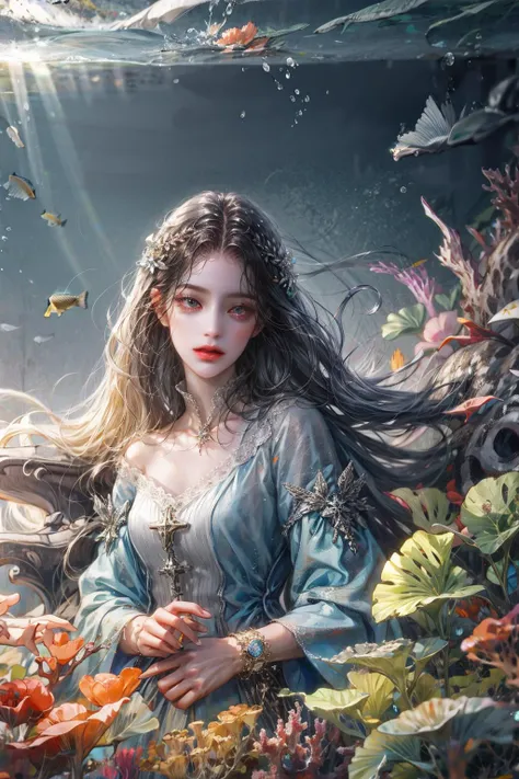 (absurdres, highres, ultra detailed), 1girl, solo, mature, (long hair), fanasy, long sleeve, elegant, holy, colorful, highest detailed, underwater, floating hair, flower <lora:LORA-Victorian Style:1> <lora:add_detail:1>