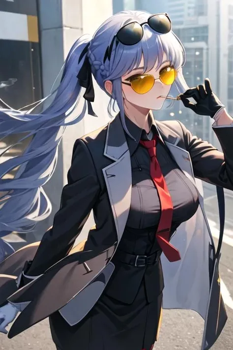 best quality, masterpiece, highres, solo, {black business suit:1.40}, {tie:1.20}, {sunglasses:1.25}, {white gloves:1.15}, {white shirt:1.10}, {black skirt:1.15}, {smoking:1.20}, handsome, {essex_azurlane:1.15}, long_hair, breasts, bangs, blue_hair, twintails, ribbon, hair_ribbon, blush, yellow_eyes, large_breasts, black_ribbon, cleavage, necktie, braid, red_necktie