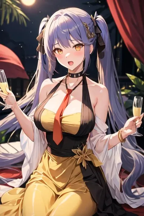 best quality, masterpiece, highres, solo, {essex_azurlane:1.15}, long_hair, breasts, bangs, blue_hair, twintails, ribbon, hair_ribbon, blush, yellow_eyes, large_breasts, black_ribbon, cleavage, necktie, braid, red_necktie, 1girl, bare_shoulders, black_dress, cup, dress, drinking_glass, evening_gown, hair_ornament, holding, holding_cup, jewelry, looking_at_viewer, necklace, official_alternate_costume, halterneck, alcohol, champagne_flute, halter_dress, open_mouth, choker, sleeveless_dress, upper_body