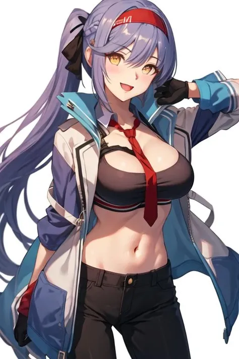 best quality, masterpiece, highres, solo, {essex_azurlane:1.15}, long_hair, , bangs, blue_hair, twintails, ribbon, hair_ribbon, blush, yellow_eyes, large_breasts, black_ribbon, cleavage, necktie, braid, red_necktie, 1girl, looking_at_viewer, ponytail, jacket, collarbone, midriff, navel, open_clothes, smile, hairband, open_jacket, simple_background, hair_between_eyes, sidelocks, sports_bra, black_pants, blue_jacket, gloves, open_mouth, pants, black_gloves, headband, long_sleeves, very_long_hair, white_background