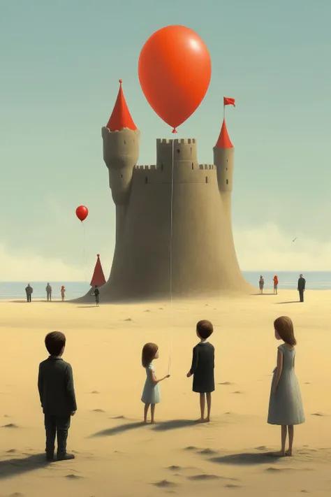 <lora:Alex Andreev style:1>Alex Andreev style - there are sandcastles on the beach that have been built before. A girl with a balloon watches her parents chatting.