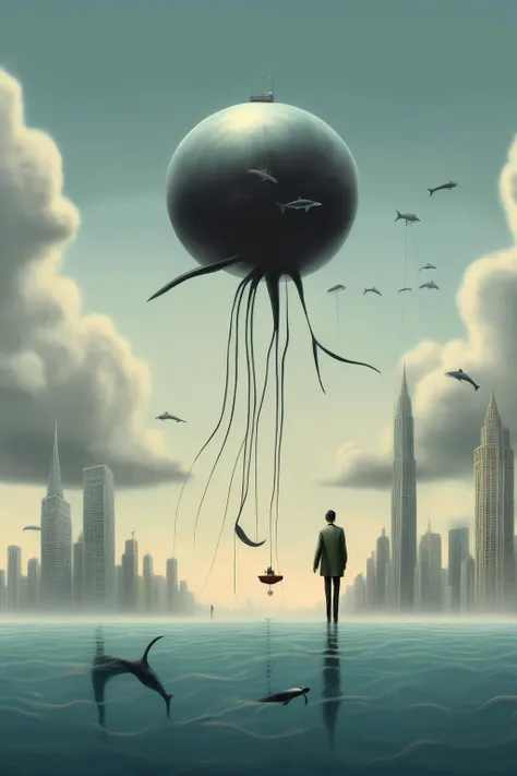 <lora:Alex Andreev style:1>Alex Andreev style - a surrealist image with a fisherman with very long legs walking in the ocean with his legs submerged and flying killer whales playing in the sky with skyscrapers in the background and an enormous planet in the sky