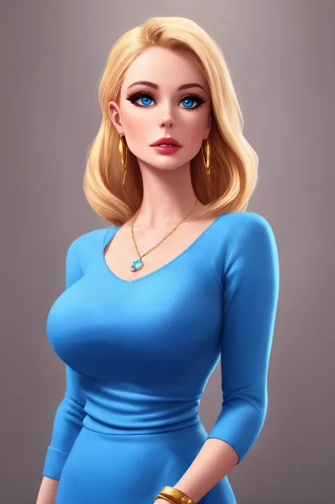 a very pretty woman standing, in a blue sweater and wings on her back, modest, with a blue dress and necklace, Artgerm, sots art, unreal 5, concept art, armlet, blonde_hair, blue_eyes, blurry, blurry_background, depth_of_field, earrings, gem, jewelry, looking_at_viewer, medium_breasts, realistic, solo, upper_body, wings, abbe bi style, [cartoon, vector art, anime :realistic, real life, hyper realistic:0.15],