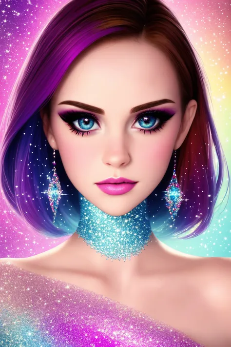 beautiful woman face, closeup, colorful makeup, sparkles, glitter, high contrast,
([Ni(:0)na( :0)Dobrev|Emma( :0)Watson]:0.9)
 highres, high quality, high resolution, hd, 4k, masterpiece,
realistic skin, doll, shinny skin, profile,
[(colorful explosion psychedelic paint colors:1.2)::0.20]