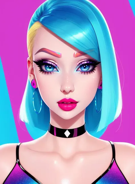 1girl, solo, (slutty bratty bimbo:1.1), fashion, shiny transparent jacket, latex crop-top, beautiful detailed blue_eyes, smile, twintails, blonde_hair, abstract geometric background, iridescent, chromatic aberration, medium shot,
[(colorful explosion psychedelic paint colors:1.2)::0.375],

magazine cover, cover art, illustration, studio shot, (anime:0.8),

shiny_skin,vax,3d,plastic,
choker, earrings, eyelashes, eyeshadow, lips, lipstick, jewelry, makeup, nose, parted_lips,standing, navel,

studio_ghibli_anime_style style, copeseethemald style