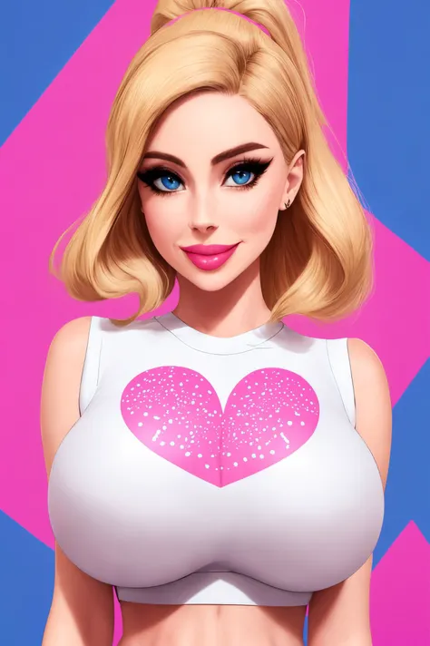 lana( :0)rhoades. sassy style. ([avril( :0)lavigne|lana( :0)del( :0)rey]:1.0) middle shot. white crop top . naughty smile. [cartoon. vector art. anime :realistic. real life. hyper realistic:0.20]... beautiful mature woman. symmetrical. large breasts. fit. gentle. pink luminescent background. hyperrealism. facing viewer.  . detailed. heart pattern. cute.