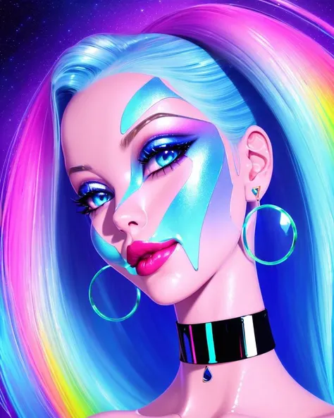 1girl, solo, (slutty bratty bimbo:1.1), fashion, shiny transparent jacket, latex crop-top, beautiful detailed blue_eyes, smile, twintails, blonde_hair, abstract geometric background, iridescent, chromatic aberration, closeup, face focus,

[(colorful explosion psychedelic paint colors:1.2)::0.4],

magazine cover, cover art, illustration, studio shot, (anime:0.8),

realistic proportions,
(subsurface skin scattering:1.2), (shiny skin:1.2), (oily skin:1.2), 3d, waxy skin, skin pores, plastic, glossy,
choker, earrings, eyelashes, eyeshadow, lips, lipstick, jewelry, makeup, nose, parted lips,

studio_ghibli_anime_style style, copeseethemald style, thepit bimbo,