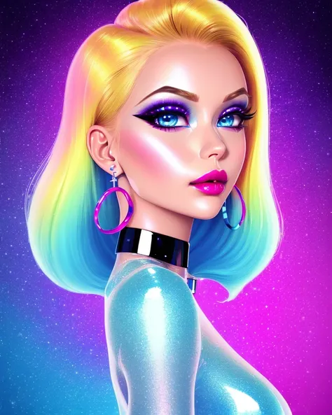 1girl, solo, (slutty bratty bimbo:1.1), fashion, shiny transparent jacket, latex crop-top, beautiful detailed blue_eyes, smile, twintails, blonde_hair, abstract geometric background, iridescent, chromatic aberration, closeup, face focus,

[(colorful explosion psychedelic paint colors:1.2)::0.4],

magazine cover, cover art, illustration, studio shot, (anime:0.8),

realistic proportions,
(subsurface skin scattering:1.2), (shiny skin:1.2), (oily skin:1.2), 3d, waxy skin, skin pores, plastic, glossy,
choker, earrings, eyelashes, eyeshadow, lips, lipstick, jewelry, makeup, nose, parted lips,

studio_ghibli_anime_style style, copeseethemald style, thepit bimbo,