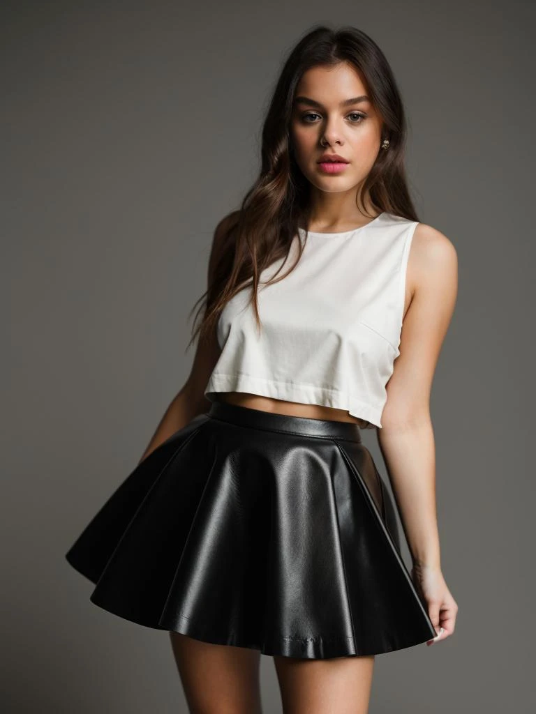 Realistic photo of a beautiful 0d3y4r-v1 woman, 1girl, solo, long hair, looking at viewer, skirt, simple background, brown hair, shirt, black hair, jewelry, standing, full body, sleeveless, black skirt, grey background, black footwear, high heels, bracelet, lips, realistic, soft lighting, professional Photography, Photorealistic, detailed, RAW, analog, sharp focus, 8k, HD, high quality, masterpiece<lora:0d3y4r-v1:1.0>