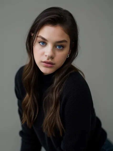 Realistic photo of a beautiful 0d3y4r-v1 woman,  1girl, solo, looking at viewer, blue eyes, simple background, brown hair, black hair, long sleeves, jewelry, upper body, earrings, grey background, sweater, lips, portrait, head rest, realistic, nose, black sweater, soft lighting, professional Photography, Photorealistic, detailed, RAW, analog, sharp focus, 8k, HD, high quality, masterpiece<lora:0d3y4r-v1:1.0>