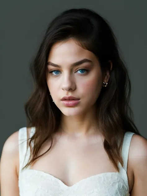Realistic photo of a beautiful 0d3y4r-v1 woman,  1girl, solo, long hair, looking at viewer, blue eyes, simple background, black hair, jewelry, earrings, parted lips, grey background, lips, portrait, realistic, soft lighting, professional Photography, Photorealistic, detailed, RAW, analog, sharp focus, 8k, HD, high quality, masterpiece<lora:0d3y4r-v1:1.0>
