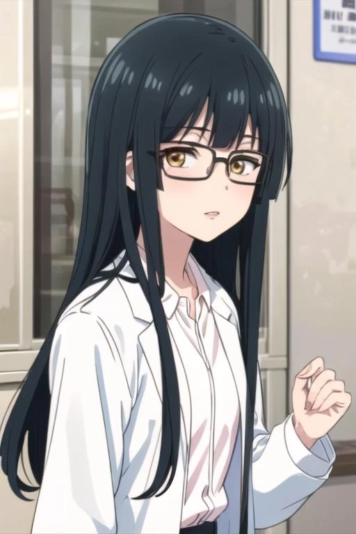 (((pixel-perfect, detail-perfect))), solo, 1girl, <lora:madara-tejinasempai:0.65>, madara, labcoat, white shirt, upper body, looking at viewer, parted lips