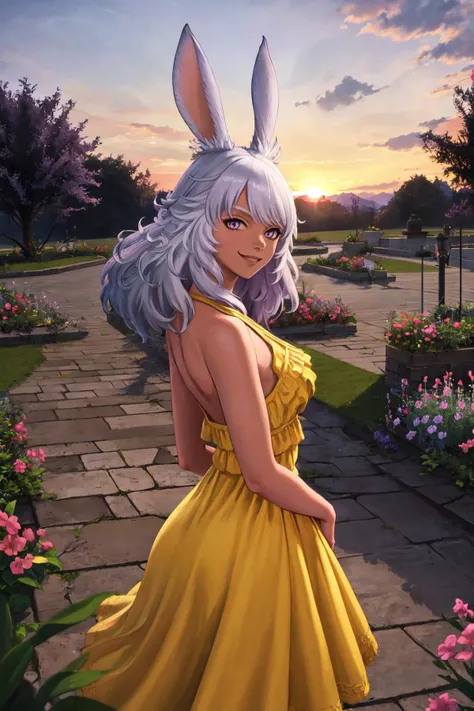 (masterpiece, best quality), outdoors, garden, sunset, cowboy shot, 1girl, solo, LynaFF14, dark-skinned female, purple eyes, breasts, <lora:LynaFF14_V1-Manityro-dadapt:1>, looking at viewer, smile, yellow sundress, from side, arms behind back