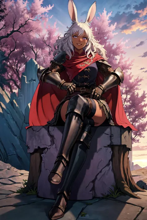 (masterpiece, best quality), outdoors, dense forest, sunset, full body, 1girl, solo, LynaFF14, dark-skinned female, purple eyes, breasts, <lora:LynaFF14_V1-Manityro-dadapt:1>, looking at viewer, happy, brown gambeson, red cloak, chainmail, gauntlets, belt, brown skirt, thighhighs, greaves, sitting on log, head tilt,