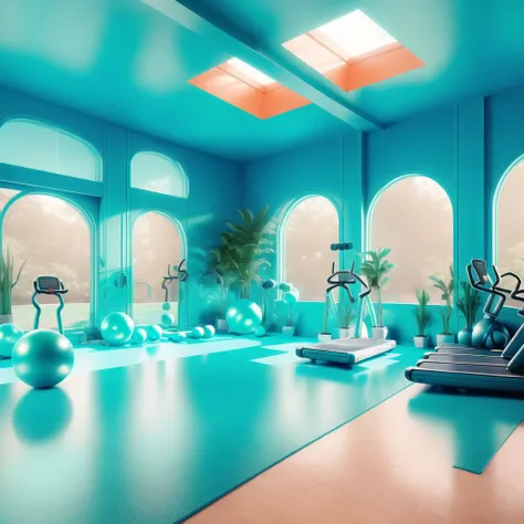 <lora:retrofuturism_interior_design_ofn_0.1:1>,  retrofuturism interior design,
warm aquamarine color scheme
, 
 
Gym - A fitness-focused space with exercise equipment, free weights, and a large mirror that reflects the space, making it feel bigger and brighter. The walls are painted a cool and calming color, while rubber flooring provides comfort and traction for workouts. Large windows allow natural light to flow in, creating an inviting space for getting fit.