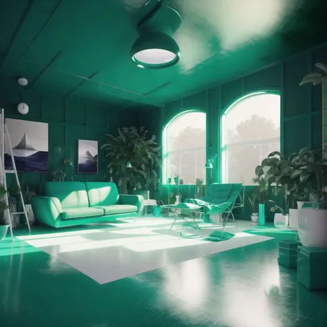<lora:retrofuturism_interior_design_ofn_0.1:1>, retrofuturism interior design,
moody emerald color scheme
,
Art studio - A spacious and bright room with tall ceilings, large windows, and plenty of natural light. The walls are painted white to showcase artwork, while the floor is covered in protective mats. Easels, paintbrushes, and canvases are organized along the walls, ready for creative inspiration.
