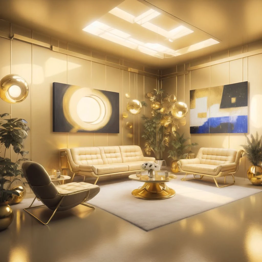 <lora:retrofuturism_interior_design_ofn_0.1:1>, retrofuturism interior design,
light gold color scheme
,
Art gallery - A sophisticated and refined space designed to showcase artwork from various artists. The walls are painted a neutral color to allow artwork to stand out, while track lighting illuminates each piece. A comfortable seating area provides a place to view the artwork.