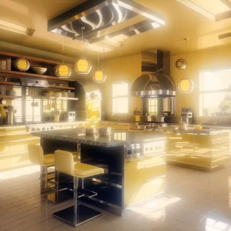 <lora:retrofuturism_interior_design_ofn_0.1:1>, retrofuturism interior design,
neutral yellow color scheme
,
Kitchen - A modern and sleek kitchen with stainless steel appliances, granite countertops, and a tasteful backsplash. The cabinets are made of rich wood and feature elegant hardware, while the island serves as a focal point for both cooking and socializing. Pendant lights hang above, providing a warm and inviting glow.