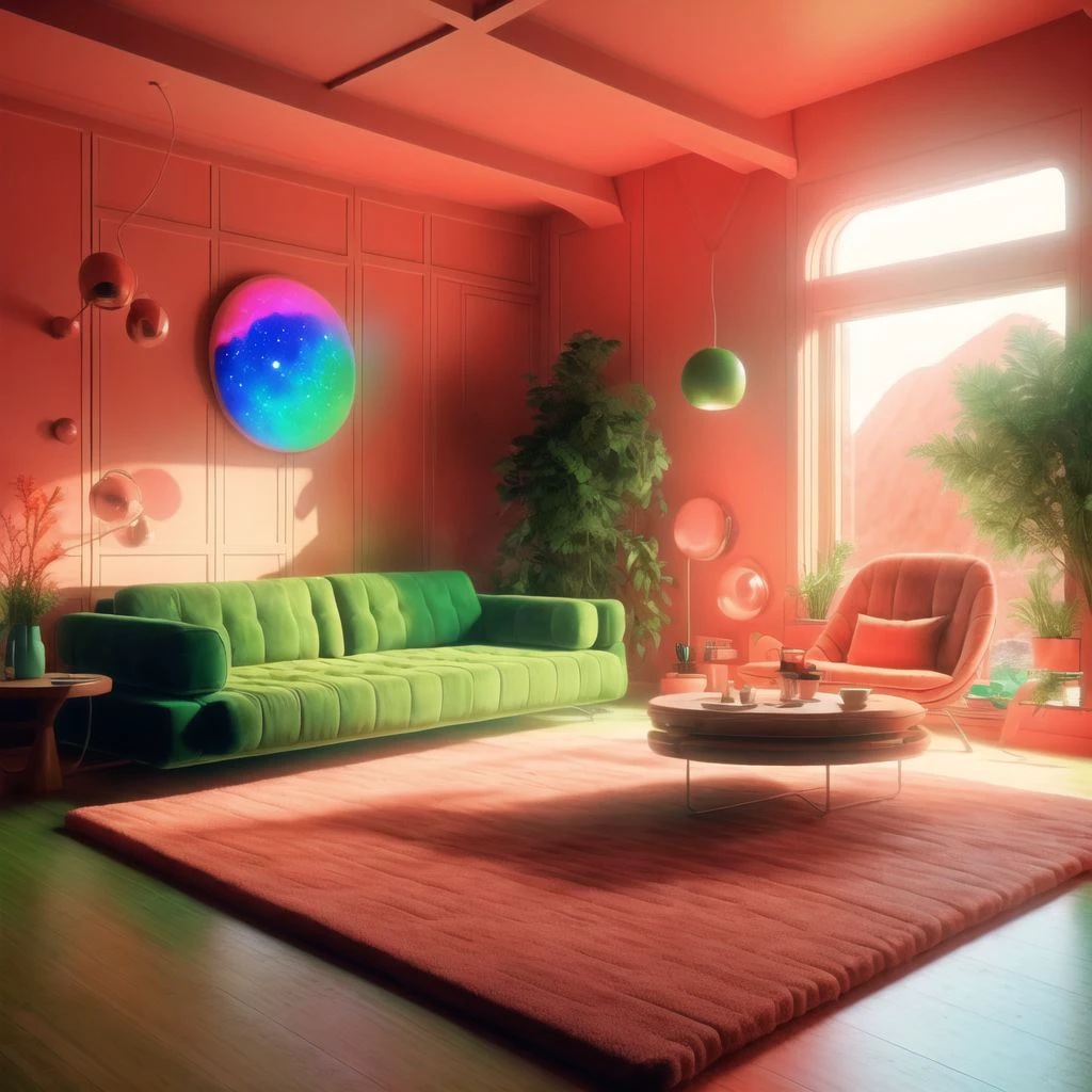 <lora:retrofuturism_interior_design_ofn_0.1:1>, retrofuturism interior design, electric coral olive scheme,
Living room - A spacious and airy room with high ceilings and large windows that allow for plenty of natural light to flood in. The room is furnished with a plush and inviting couch, a coffee table made of warm wood, and a soft rug that ties the room together. Colorful throw pillows and wall art add a pop of personality to the space.
