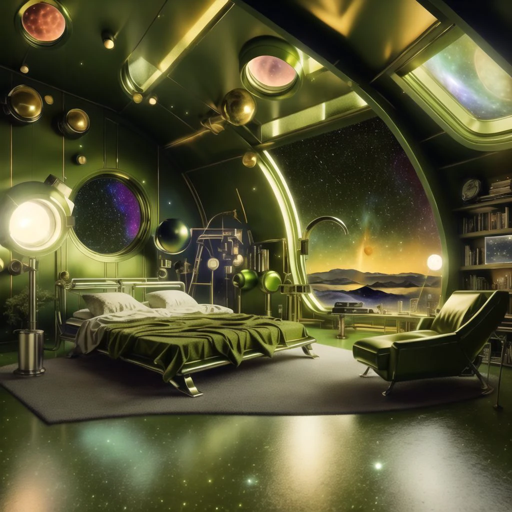 <lora:retrofuturism_interior_design_ofn_0.1:1>, retrofuturism interior design,
metallic olive color scheme
,
Observatory - A unique and awe-inspiring space designed for stargazing. The room features a large telescope or several smaller ones, along with star charts and books about astronomy. The room is kept dark to allow for optimal viewing of the stars and planets.