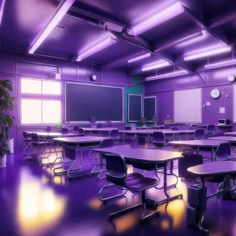 <lora:retrofuturism_interior_design_ofn_0.1:1>,  retrofuturism interior design,
shimmery purple color scheme
, 
 
Classroom - A functional and organized space designed for learning. The room features a large whiteboard or chalkboard, desks or tables for students, and a comfortable chair for the teacher. The room is well-lit and decorated with educational posters and charts.