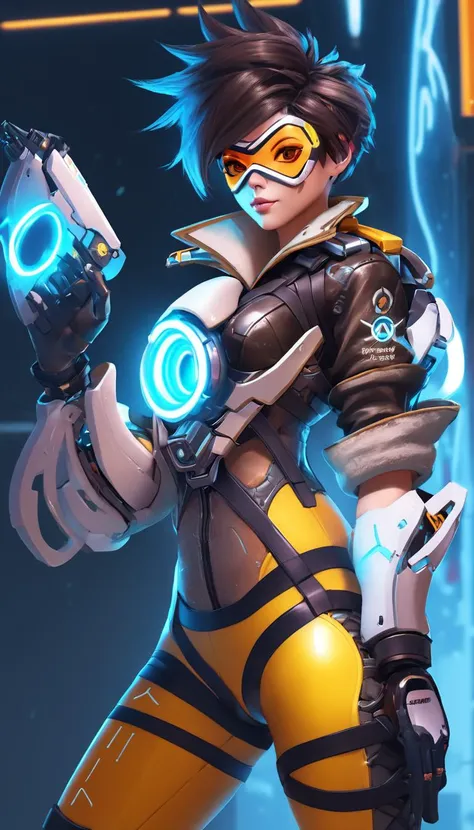 Tracer, Overwatch, (reimagined in a cyberpunk universe), (cyberpunk style), (cyberpunk), (cyberpunk outfit),  (punk hair), augmentation, cybernetics, glowing neon lights, cinematic scene, hero view, action pose, masterpiece, best quality, high quality, absurdres, vivid <lora:tracer_xl_v1:1>, detailed skin texture, (blush:0.5), (goosebumps:0.5), subsurface scattering