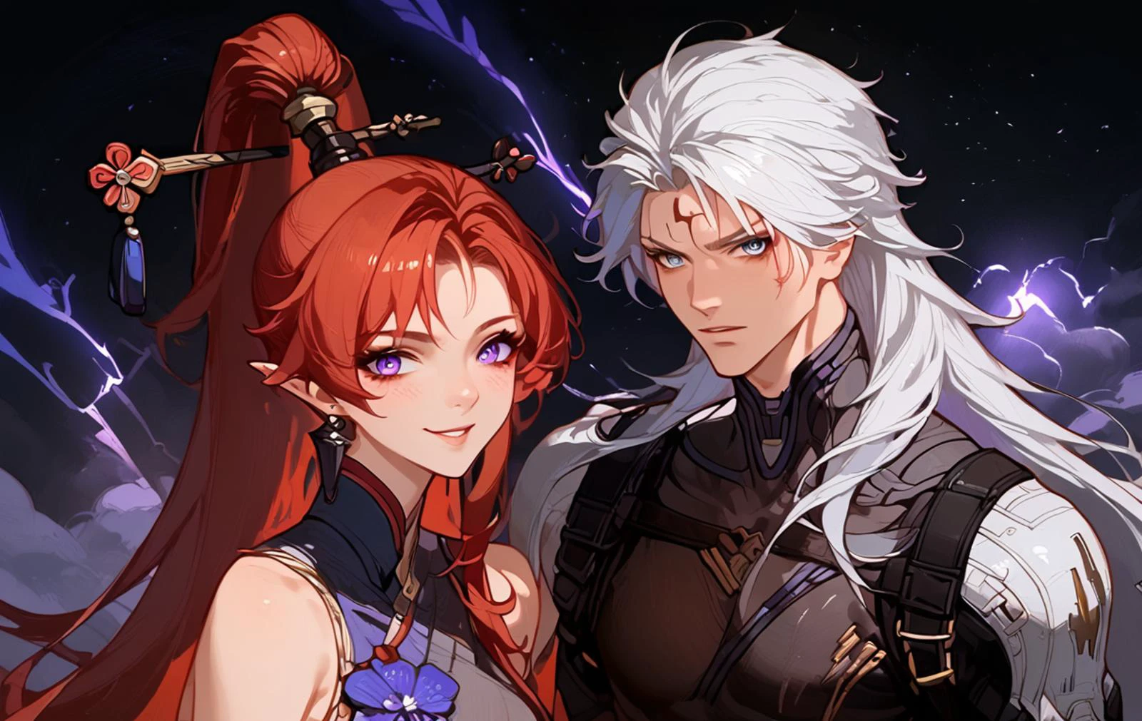 score_9, score_8_up, score_7_up, 1boy and 1girl, standing next to each other, looking at viewer, outdoor, lightning storm in the background, purple lightning, epic background, <lora:Expressive_H:1> <lora:more_details:0.8>
BREAK
<lora:WutheringWavesYinLinLora-XL-V4:1> (1girl, YinLinWW, red hair, high ponytail, hair stick, purple eyes, single earring, pointy ears, dress, cute smile, detailed face)
BREAK
<lora:Calcharo:1> (1boy, Calcharo, wuthering waves, white hair, long white hair, face tattoo, bodysuit, grey eyes, black clothes, stiff expression, detailed face, muscle, tall male)