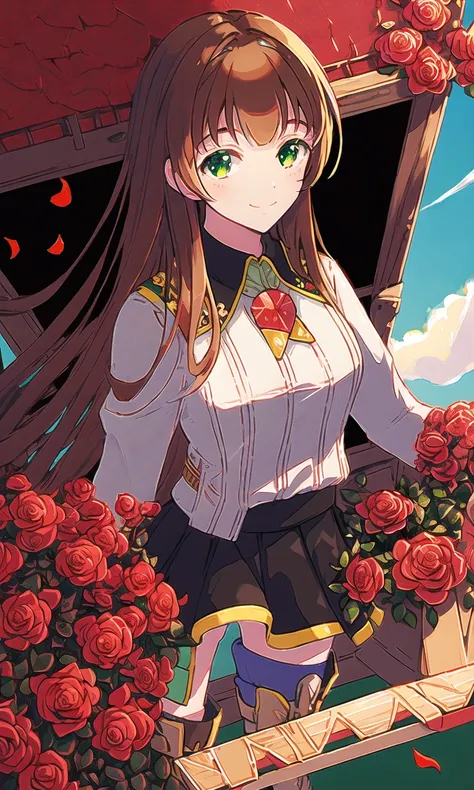 transparent_background, 1girl, long_hair, thighhighs, green_eyes, breasts, full_body, boots, long_sleeves, brown_hair, solo, smile, skirt, intricate detail, illustration, masterpiece, extremely detailed CG unity 8k wallpaper, highlight, sharpening, dynamic, rose, red rose, beautiful detailed sky, cloud,