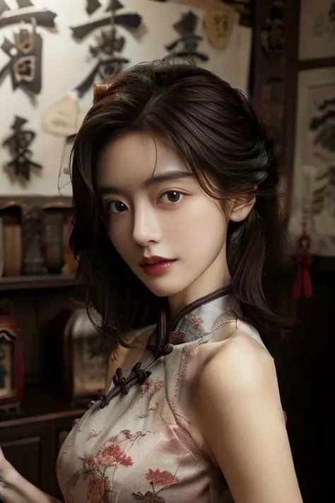 ((masterpiece)),((bestquality)),8k,high detailed,ultra-detailed,photography,award winning,documentary,Original Photo,extreme detail description,Realisticity,1girl,<lora:Zhi-Yan_V1-000006:1>,Zhi-Yan,cheongsam,(((solo))),slim,thin,adult,beautiful face,real skin texture,well-proportioned hands,thin eyebrow,random color lipstick,make up,eyeliner,eyelashes,random color nail polish,earrings,Happy New Year,([Low contrast lighting|Snoot lighting|Crepuscular Ray|Firelight|Courtroom lighting]),([Stretch|outstretched arms|public indecency|Drinking|pole dancing|Hitting|Soccer|Tickling|Walking]),Looking Outside,<lora:add_detail:0.85>,