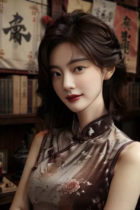((masterpiece)),((bestquality)),8k,high detailed,ultra-detailed,photography,award winning,documentary,Original Photo,extreme detail description,Realisticity,1girl,<lora:Zhi-Yan_V1-000006:1>,Zhi-Yan,cheongsam,(((solo))),slim,thin,adult,beautiful face,real skin texture,well-proportioned hands,thin eyebrow,random color lipstick,make up,eyeliner,eyelashes,random color nail polish,earrings,Grin,([Multi-point lighting|Color wash lighting|Morning sunlight|Practical lighting|Energy-efficient lighting]),([fruit on head|arm held back|Posing|Cooking|playing games|Imagining|standing on liquid|Thinking|Wrestling]),looking up,<lora:add_detail:0.85>,