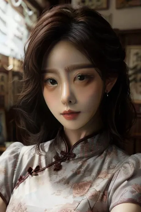 ((masterpiece)),((bestquality)),8k,high detailed,ultra-detailed,photography,award winning,documentary,Original Photo,extreme detail description,Realisticity,1girl,<lora:Zhi-Yan_V1-000006:1>,cheongsam,(((solo))),slim,thin,adult,beautiful face,real skin texture,well-proportioned hands,thin eyebrow,random color lipstick,make up,eyeliner,eyelashes,random color nail polish,earrings,Smirk,([Strip lighting|Iridescent lighting|bright|Eye light|Glare-free lighting]),([grabbing another's hair|bandaged arm|in container|breathing fire|playing instrument|hair tucking|Swing|toilet use|Whispering]),Gradient,<lora:add_detail:0.85>,