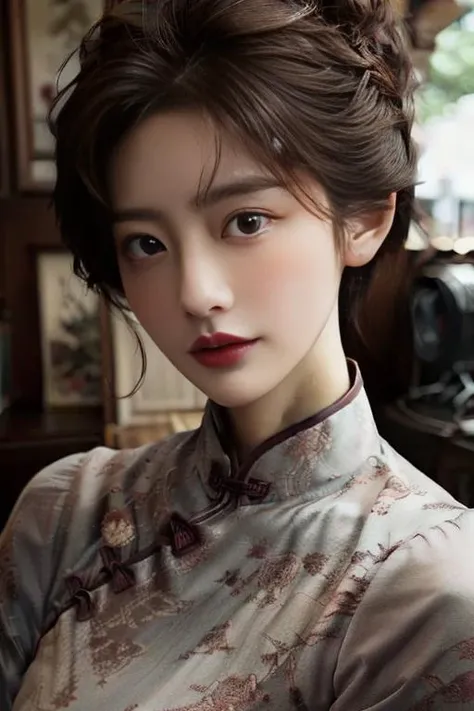 ((masterpiece)),((bestquality)),8k,high detailed,ultra-detailed,photography,award winning,documentary,Original Photo,extreme detail description,Realisticity,1girl,<lora:Zhi-Yan_V1-000006:1>,Zhi-Yan,cheongsam,(((solo))),slim,thin,adult,beautiful face,real skin texture,well-proportioned hands,thin eyebrow,random color lipstick,make up,eyeliner,eyelashes,random color nail polish,earrings,Happy,([Mood lighting|Fresco lighting|Split Lighting|Butterfly lighting|Vertical lighting]),([kissing cheek|arm behind head|Parody|drawing bow|Sing|Flying|Splashing|Twitching|Walking]),Stare,<lora:add_detail:0.85>,