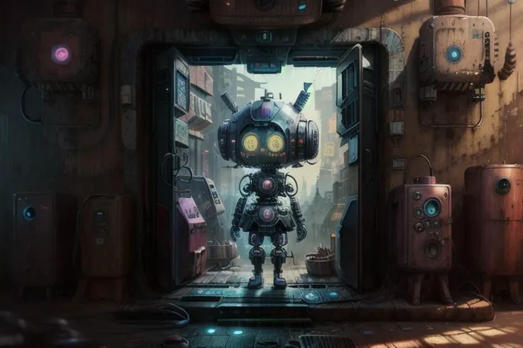 dark kawaii, robot, cyberpunk city, <lora:allymech:0.5> <lora:drkkaw-1.5:0.8>